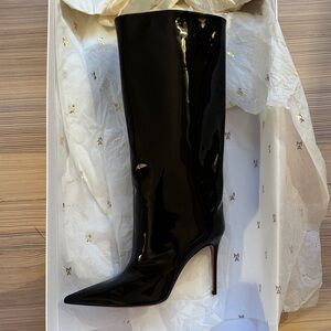 Amina Muaddi Black Patent Heeled Boots